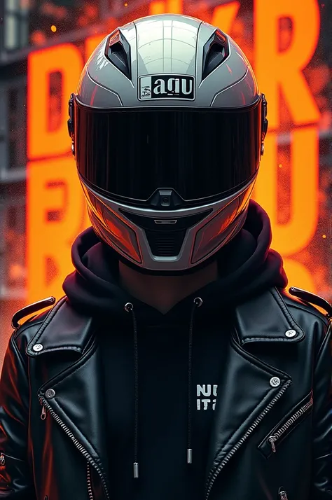 Create an image of a person wearing a , Agv pista Gp RR helmet with sleek angular features, and a dark visor that covers their face. The person is dressed in a black leather jacket with a casual black hoodie underneath. The background features bold, energe...