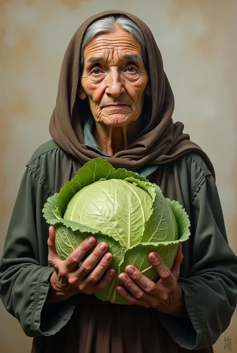 An old woman with cabbage.
