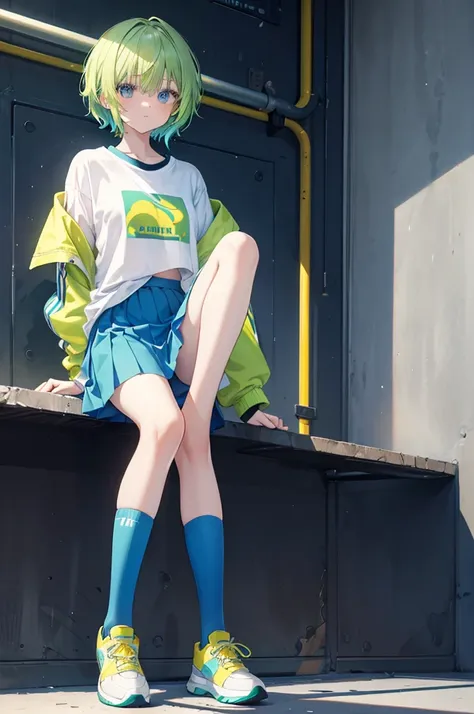 Yellow-green hair, light blue inner color, light blue eyes, lime jacket, black cool logo T-shirt, short hair, red sneakers, short colored socks navy blue above knee length skirt