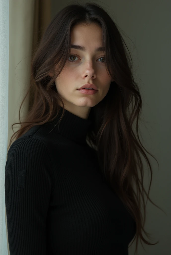 a beautiful woman with long wavy hair and a black sweater