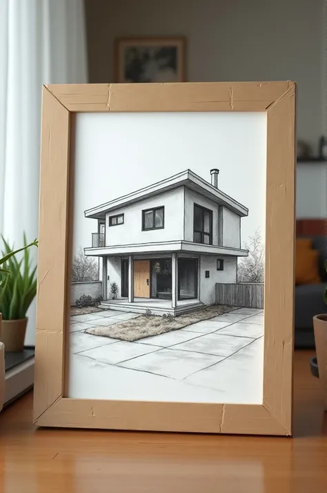 I want an image on a double-sized painting, framed with cardboard, and that the drawing is about a modern house in perspective and that it does not look so perfect but natural and do it as if it had been drawn by a teenager who knows how to draw, and make ...