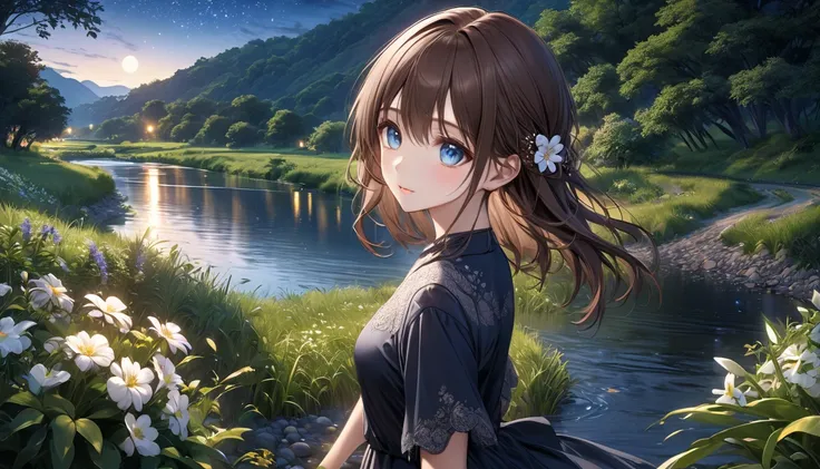 Beautifully detailed anime, Brown Hair, One person, Walking along a country river, Quiet and peaceful countryside, Lush foliage, Detailed Flowers, Beautiful night sky, (Best Quality,4K,8k,High resolution,masterpiece:1.2),Very detailed,(Realistic,photoReali...