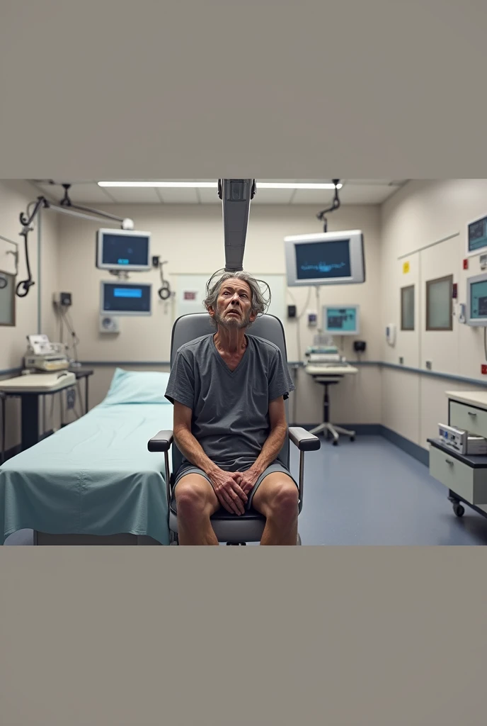 create image high quality realistic 8K.A sick person sit on the chair with the magnetic on her head. Nice hospital background. Realistic, focus on patient doctor