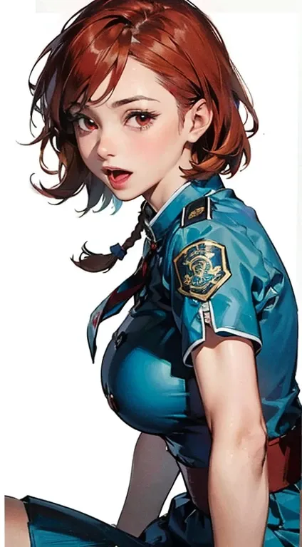 Adolescentes. 3 garotas,  e 3 meninos,  1girl, red hair, short hair, mature, solo, close up face, short hair, police uniform, armoured, police headset, mouth open, shout,  1girl, blush, blush stickers, breasts, brown eyes, brown hair, heart, looking at vie...