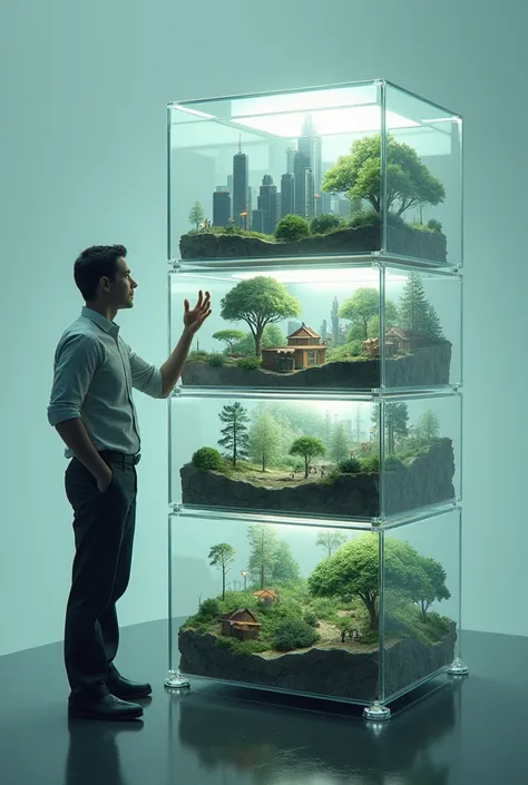 A transport box with a small forest inside a transparent box with a developing country inside another transparent box with a futuristic city and a man thinking about a transparent cube in his hand  