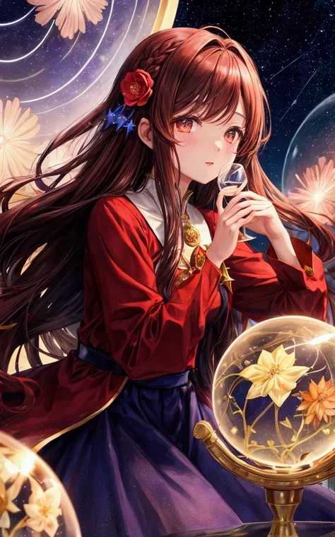 Night Sky、Shooting Star、A beautiful girl holding a glass globe、Brown bob hair、Red long sleeves、Flower Hair Ornaments