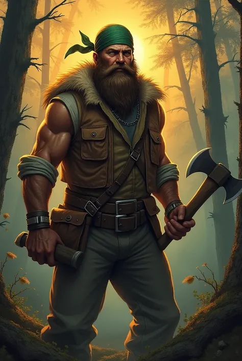 Lumberjack with a bearded mountain man persona, green bandana headdress, gripping an tomahawk ax, amidst a misty forest at sunset, face perfect with expressive eyes, thin yet muscular build, oil painting style, sunset hour lighting, high-resolution digital...