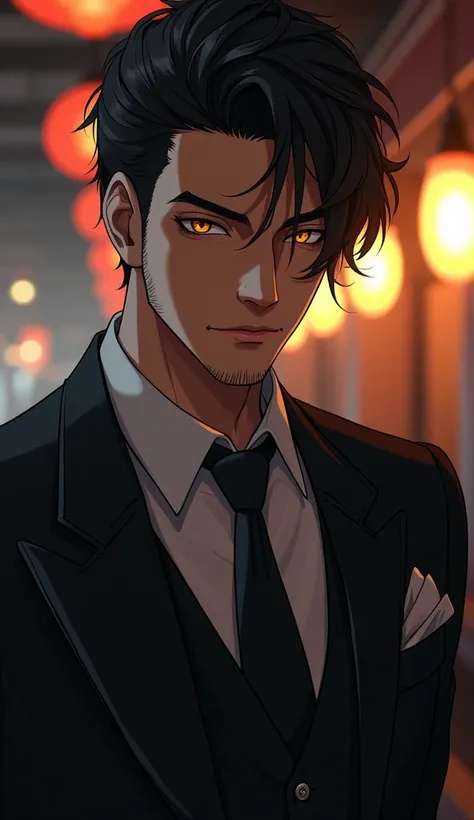 Tall, Handsome, Male, Man, Mafia clothes, Smile, Smirk, Glint, Drunk, Glaring, Realistic, Short Hair, Black Hair, Hair Between Eyes, Medium Hair, High Resolution, HD, High Quality, Looking at viewer, Handsome male, stubble om face, Realism, Anime style, An...