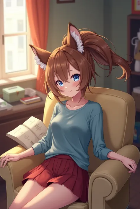 1girl, 23, (brown hair, blue eyes, lion ears and tail, ponytail), apartment room, blue shirt, short red skirt 