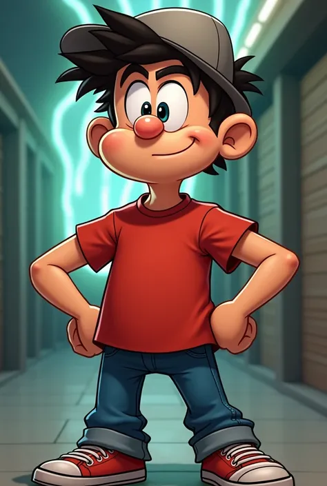 A close up of A normal cartoon character with a medium build, slightly exaggerated round face, large expressive eyes, and a confident posture. He wears a simple red t-shirt, blue jeans, and sneakers. His expressions are always over-the-top, and his hair is...