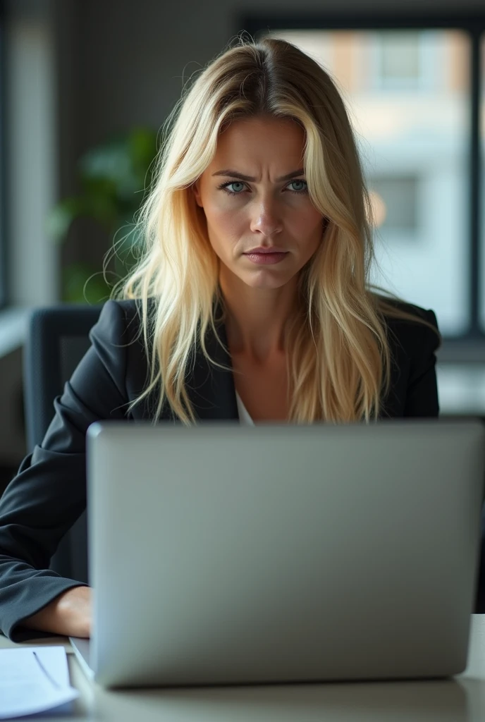 Blonde girl, working on a laptop in the Shakes pro affiliate network. Her position is affiliate manager, she is absorbed in work, I&#39;m very tired and angry with people