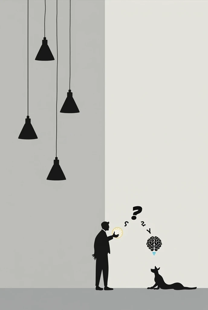 A minimalist conceptual illustration on a gray gradient background. Five black pendant lights hang from the top of the image. On the right side, three icons are shown in a row: a large question mark symbol, a simplified brain icon, and a glowing light bulb...