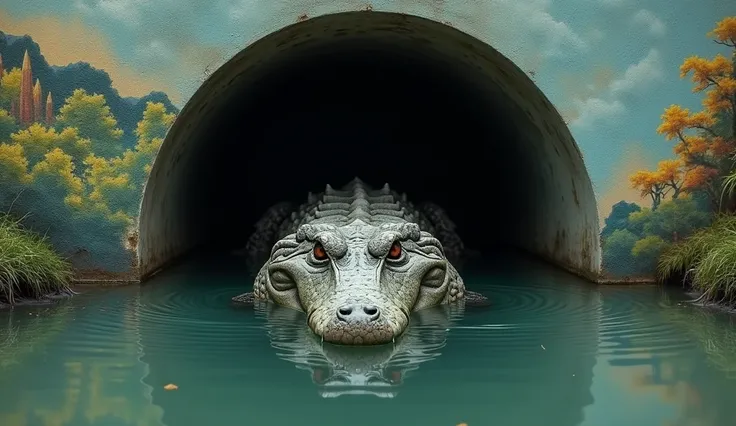 There is a large waterway on one wall.,A crocodile emerged from the sewer with half of its body sticking out.,front view，Capture the focal length of the subject and the mural，Well-exposed image，Clarity,HD，超HD
