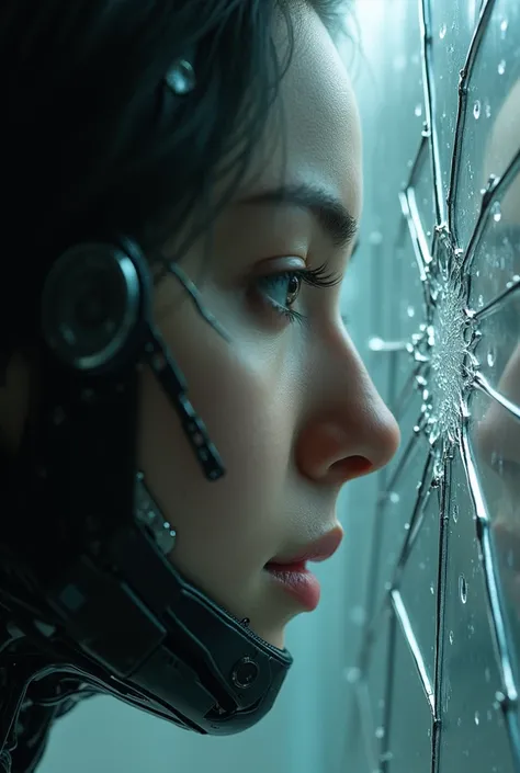 A close-up of a person with a half human and half cybernetic face, looking at your distorted reflection in a broken glass, symbolizing the internal struggle between humanity and the machine in a high-tech society