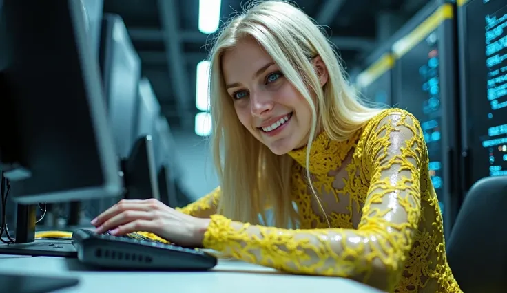 from face, low angle, sitting on a computer, leaning forward with her elbows on her knees, all her body, full view of a woman 30 years old, very long blond hair and blue eyes. She wears a cyborg suit made of lace yellow and white colors. intricately detail...