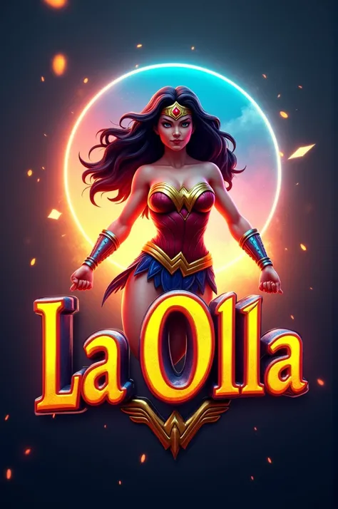 Design a vibrant 3d gaming logo with a wonder woman game character on the back with a glowing light, in the middle it says &quot;La Olla&quot;, white logo background