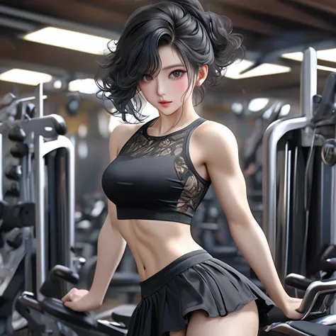 A beautiful Korean (8k, HDR, UHD, expressive eyes, extremely intricate details,  hyper-realistic,  high quality). In a short black skirt (intricate details),  a very sensual transparent top( intricate details), flowing black hair, makeup (intricate details...