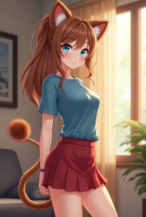 1girl, 23, (brown hair, blue eyes, lion ears and lion tail, ponytail), apartment room, blue shirt, short red skirt 