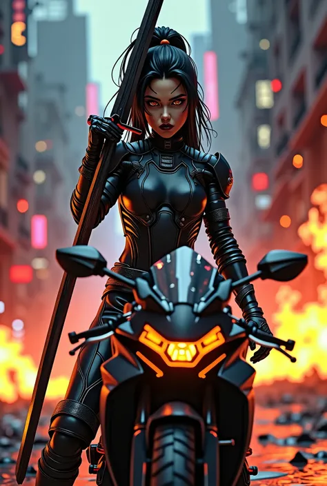 Girl with a sword, Cyberpunk, armor, black, fire, motorcycle