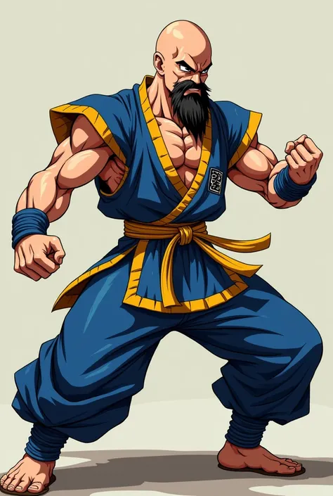 Character faithful to Akira Toryama&#39;s features. 
In battle pose like Goku&#39;s in the fight against Vegeta. 
Caucasian skin. 
Fusion between master roushi kame, Yamcha, tenshinhan, kuririn. 
bald. 
Well-groomed beard, black, uniform color, not too big...