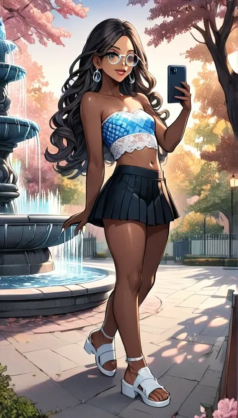 Trans woman, very short mini skirt, pleated, lace strapless cropped top, genderbend, curly long hair, black hair, male to female, detailed face, beautiful detailed brown eyes, eye glasses, beautiful detailed lips, silver earrings, white high sandals, brown...