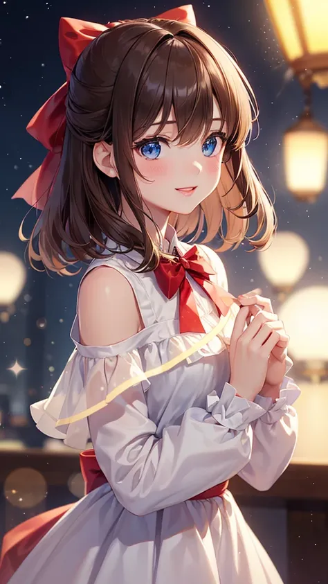 (extremely delicate and beautiful: 1.2), 1girl, bangs, blue eyes, blur, blur background, bow, brown hair, shut up, side view, hair between eyes, hair bow, lantern, light particles, long sleeves, look looking at audience, medium hair, night, red bow, solo, ...