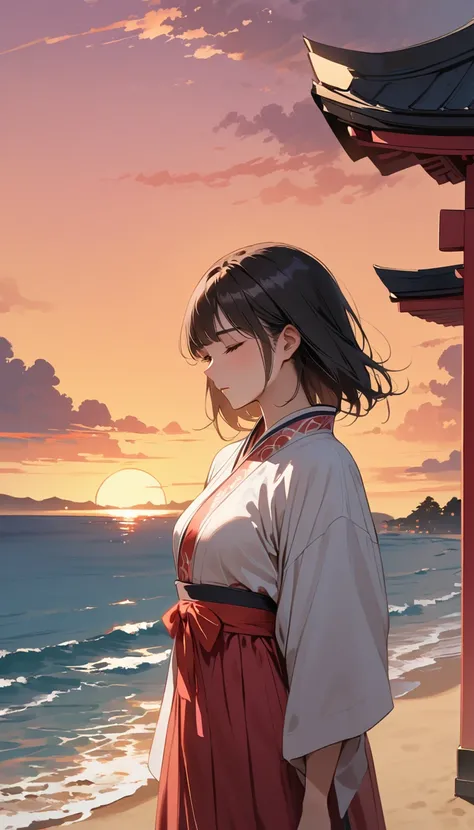 In front of the torii gate on the beach in the evening、A Japanese-style shrine maiden feels good in the breeze、Asleep。In her background is a beautiful purple and orange sky.。This scene has a relaxed, lofi vibe.