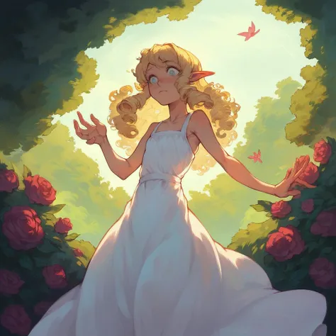 SFW, Best Quality, High resolution, 1girl, Details Girl, detail hands, Detail fingers, Detail Face, detail 1girl in, elf, Looking down, Flower Garden, pale skin, ((very skinny), Blonde hair,, curly Hair, , undersized sundress, (tall torso) () (weight gain:...