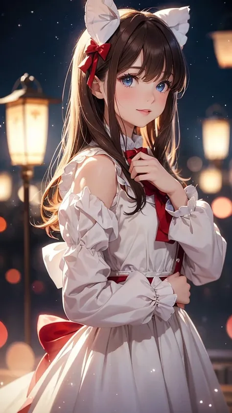 (extremely delicate and beautiful: 1.2), 1girl, bangs, blue eyes, blur, blur background, bow, brown hair, shut up, side view, hair between eyes, hair bow, lantern, light particles, long sleeves, look looking at audience, medium hair, night, red bow, solo, ...