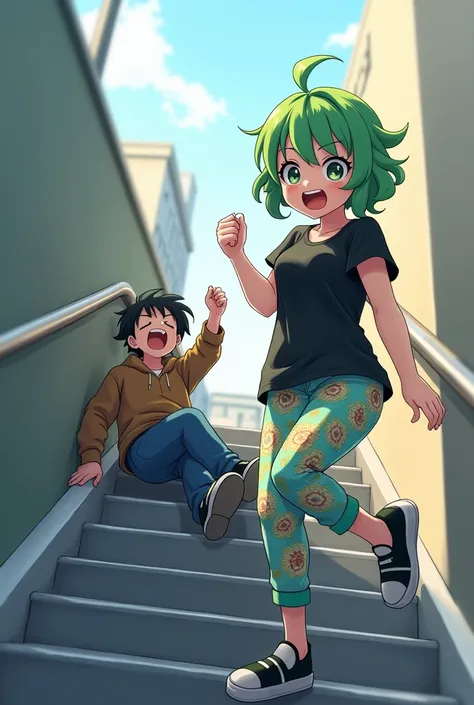 Teenage Anime Girl with Green hair in Floral pants and a black short sleeve shirt laughing at a Teenage boy in a jacket and Jeans who fell down a flight of stairs