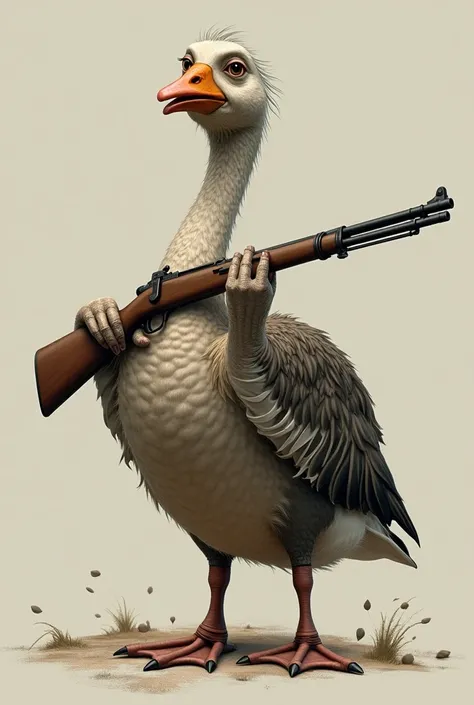 Old wrinkled goose with rifle in hand