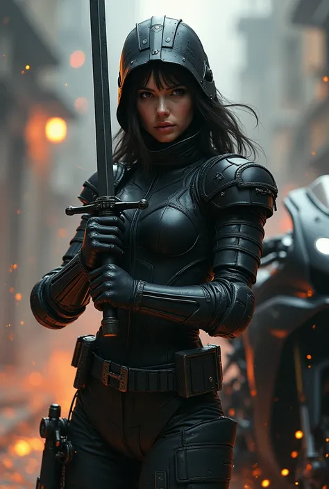 Girl with a sword, in a helmet, Cyberpunk, armor, suit, black, fire, motorcycle