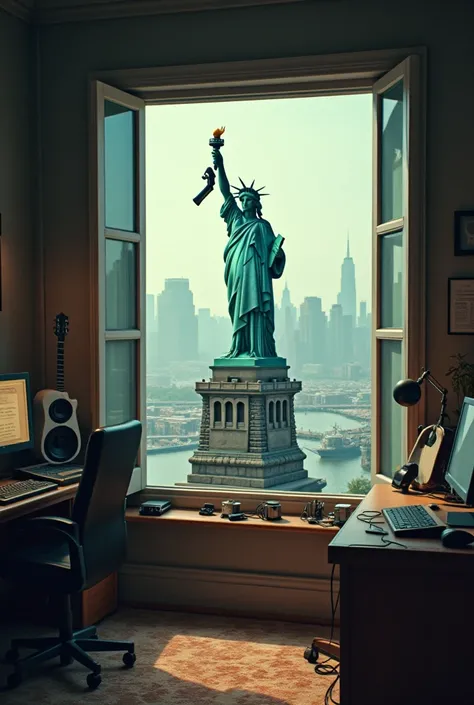 Give me a picture of a music studio and an open window overlooking the Statue of Liberty holding a gun.