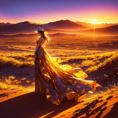 a beautiful young woman in a long flowing dress, cowboy hat, standing in a desert landscape, dramatic lighting, cinematic composition, vibrant colors, lush flora, golden hour lighting, romantic, intricate details, photorealistic, 8k, highly detailed, maste...