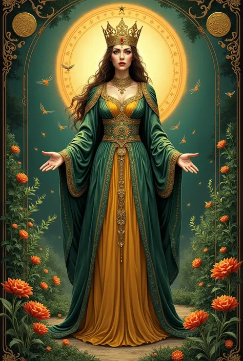 Queen of Coins card related to nature and energy (without human) with frame