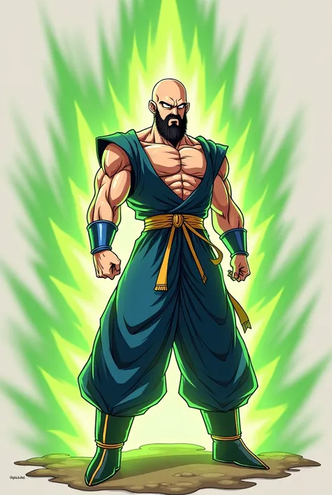 Character faithful to Akira Toryama&#39;s features. 
In super saiyan transformation pose with Broly&#39;s green aura as a legendary saiyan. 
Caucasian skin. 
Fusion between master roushi kame, Yamcha, tenshinhan, kuririn. 
bald. 
Well-groomed beard, black,...