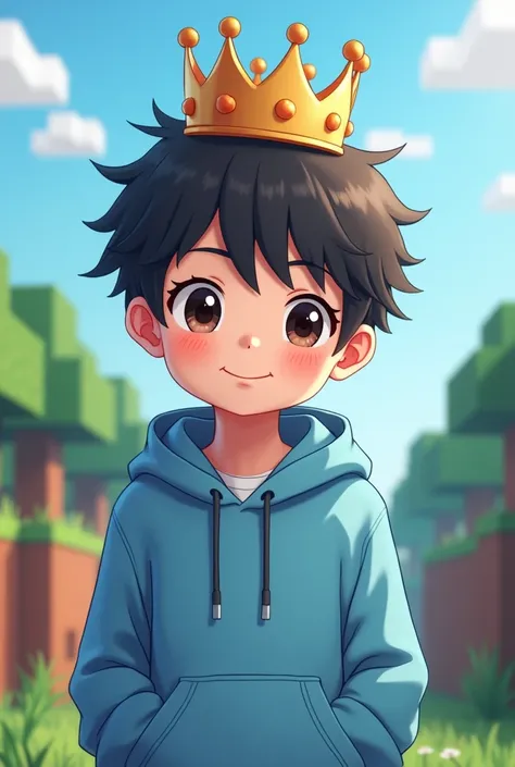 Make A Cute anime boy character wearing (sky-blue hoodie) and on his head has kings crown .with animated Minecraft background
