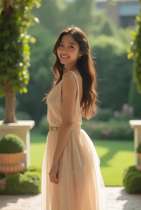 A beautiful young woman is wearing a lovely dress in the garden of a luxury hotel. This photo was taken with a high-quality lens, which produces a beautiful bokeh effect. The background is elegant, with lush green trees, a well-tended lawn, and luxurious d...