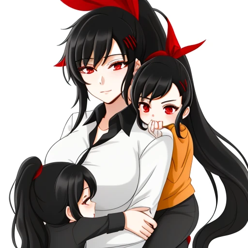 maria_vm, large_huh yuri zahard, 1 girl, ,, lustrous skin, red eyes, ponytail, black hair, long  hair, mother and daughter, chil...