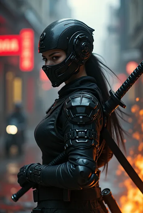 Girl with a katana, wearing a closed helmet, Cyberpunk, armor, suit, black, fire, motorcycle