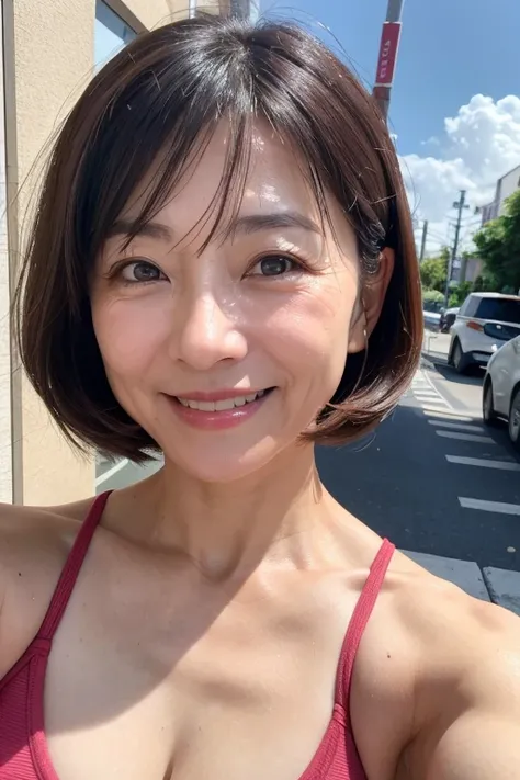 Best Quality, 8k, masterpiece, Photorealistic, Realistic, ((Selphy、Selfie))、50 years old,((An innocent smile)),Taking a break,Beautiful Japanese woman at work,Medium Hair,Facial wrinkles, ((Upper Body)), Sports Bra,Medium Hair, Around town, (Viewer&#39;s p...