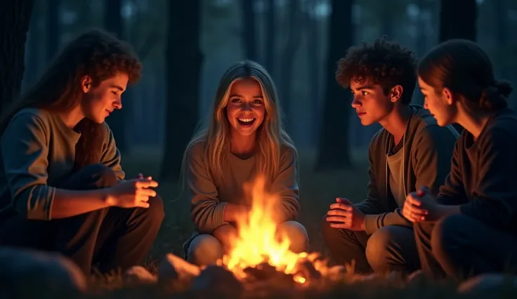 A campfire scene at night, the fire crackling in the center, casting flickering orange light on the faces of four teenagers sitting in a circle. The friendly blonde girl, Sarah, is speaking animatedly, her face lit by the flames, while the others listen in...