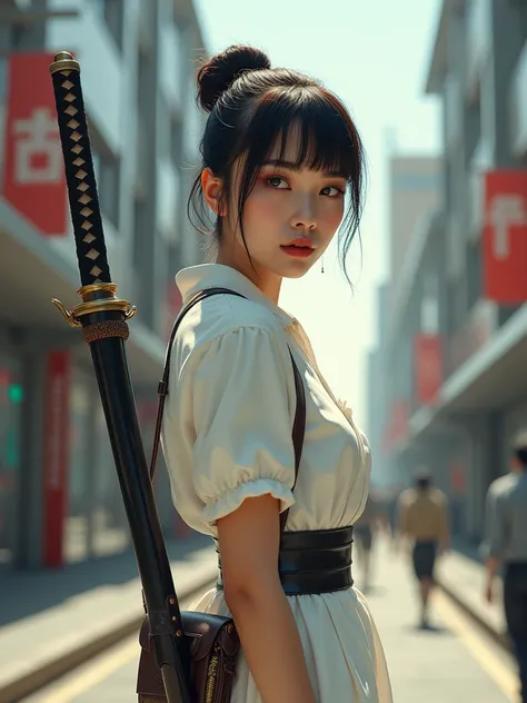 a girl. 1, Japanese, 40s style hair, concept art for a book, wearing a white all-star dress, 2020s, with a katana on her back