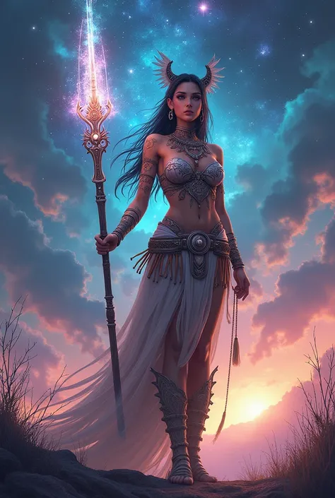 A mystical so beautiful sexy woman warrior standing in a serene, otherworldly landscape. The warrior blends ancient and futuristic elements, adorned with intricate tribal tattoos and cyberpunk armor. They hold a radiant, ethereal weapon that glows with cos...