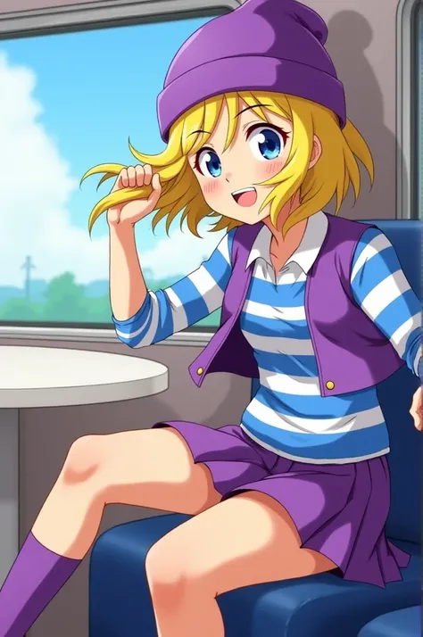 zoe orimoto, purple beanie, purple vest, Purple mini skirt, blue and white striped shirtPurple socks, shoes, diaphragm, blonde hair, smile, sitting, Traveling on a train, open window, hair moves with the wind, grabbing the hair