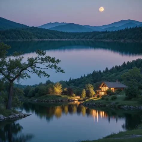 A beautiful night，The lake reflects the full moon in the sky，Beautiful scenery