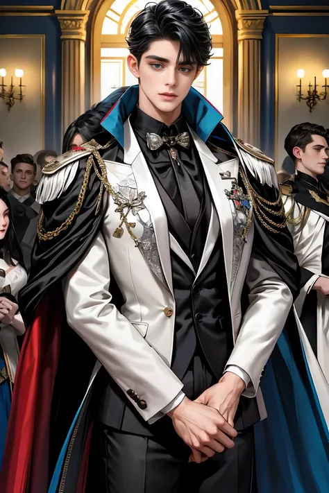 
masterpiece, 最high quality, high quality, 1 boy, alone, Male focus, Watching the audience,  Messy black hair, Adorable big blue eyes, White people, Noble, Noble,Sexy voluminous black and blue cape、Tuxedo、A very voluminous, large, very large, very large, l...