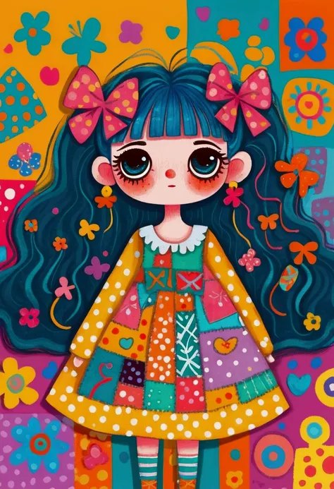 cartoon girl with a big bow and a dress with a lot of things around her, patchwork doll, decora inspired illustrations, colorful! character design, madeline from celeste, 2d illustration, 2 d illustration, colorful illustration, character portrait of me, c...