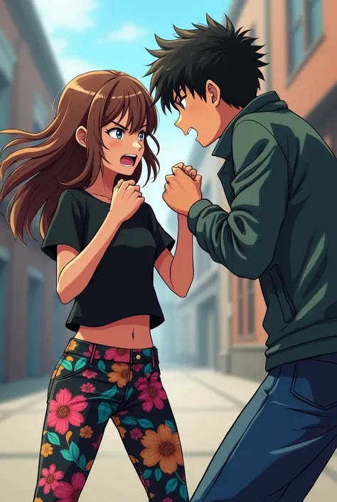 Teenage Anime Girl with Brown hair in Floral pants and a black short sleeve shirt kills a Teenage boy in a jacket and blue jeans