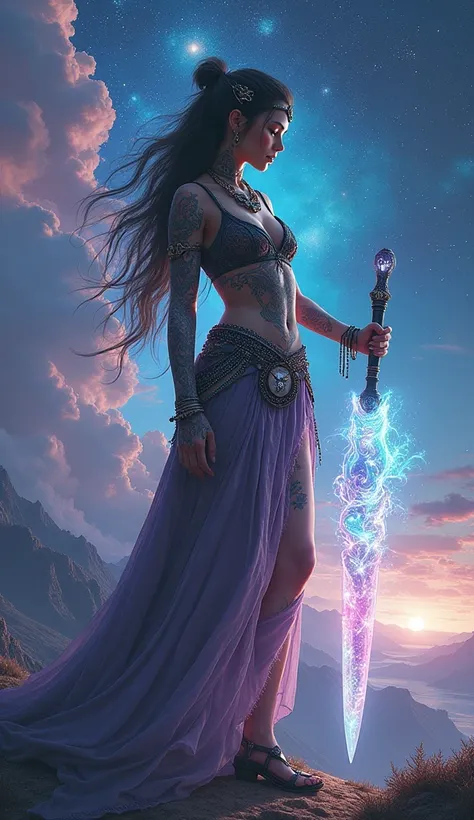 A mystical so beautiful sexy woman warrior standing in a serene, otherworldly landscape. The warrior blends ancient and futuristic elements, adorned with intricate tribal tattoos and cyberpunk armor. They hold a radiant, ethereal weapon that glows with cos...